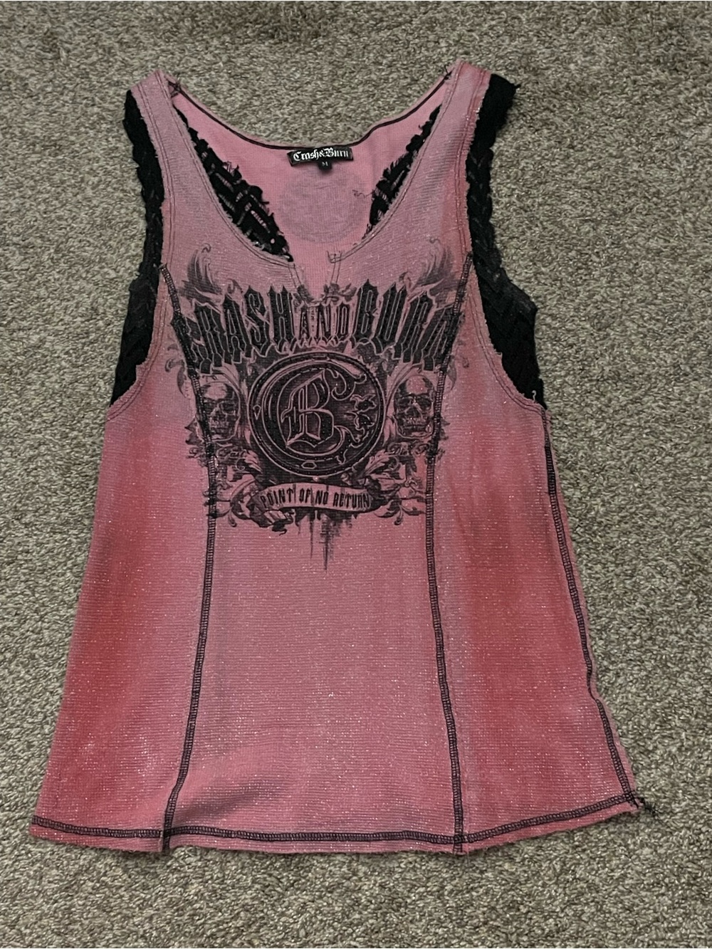 Crash & Burn Dusty Pink Graphic Tank with Black Lace Insets